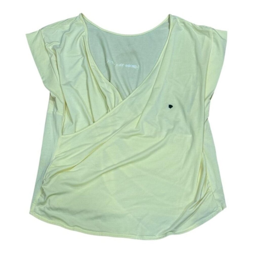 Decathlon Shirt Womens L-XL Yellow Wrap Front Cap Sleeve Embroidered Slogan